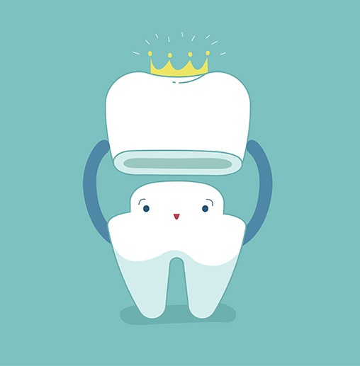 Animated tooth holding a crown over its head with a seafoam colored background