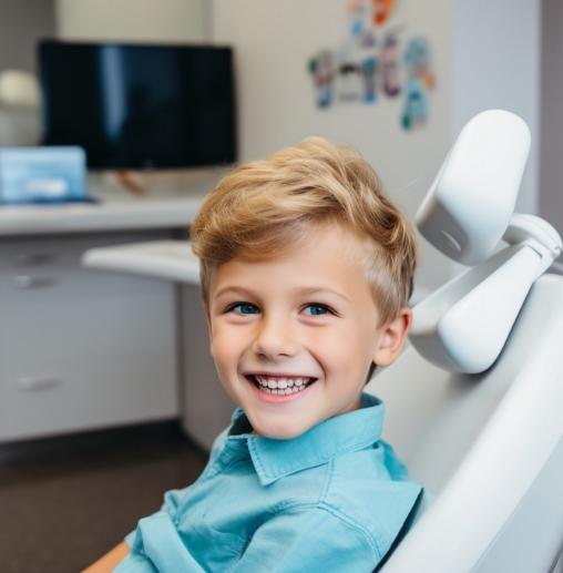 Young boy grinning in dental chair